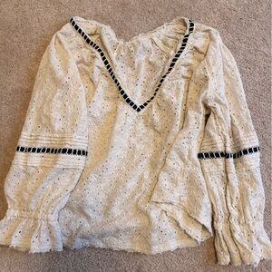 Free People Cream Eyelet Blouse with Black Trim